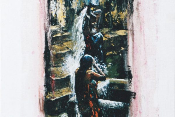 Tableau à l'huile représentant 2 femmes indiennes en sari se lavant au bord d'un lavoir en pierre