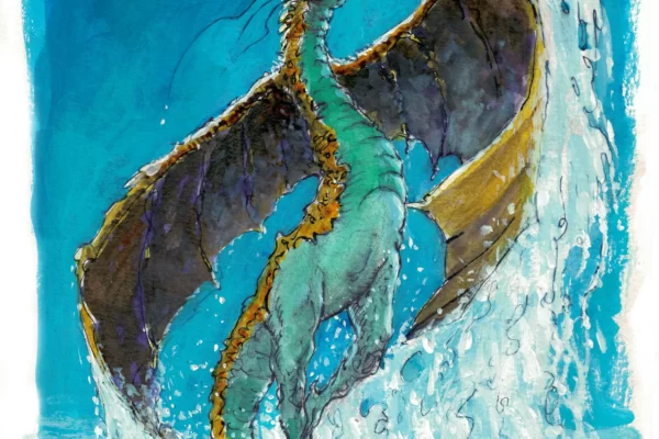 Aquarelle d'un dragon surgissant de l'eau