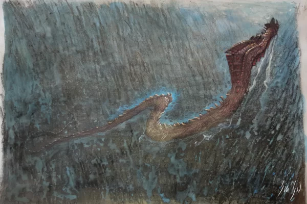Aquarelle d'un dragon d'eau remontant à la surface