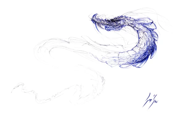 Dessin d'un dragon au stylo bille bleu et noir