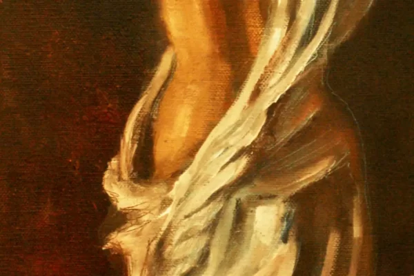 Peinture à l'huile représentant une femme au dos nu, drapée