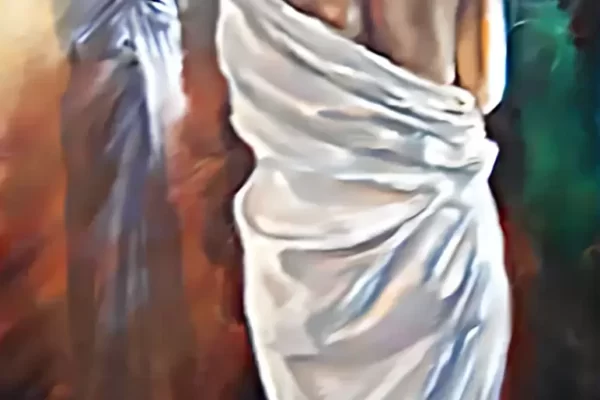 Peinture à l'huile représentant une femme au dos nu, drapée avec son reflet dans un miroir